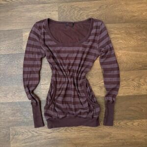 Vintage Y2K Twee Glam Emo Style Striped Wide Neck Long Sleeve Pocket T Shirt S